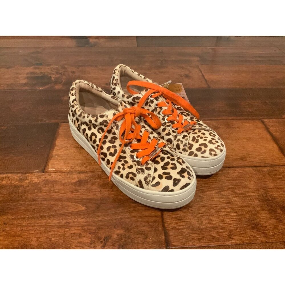 J/Slides Tan Calf Hair Leopard Print Orange Lace-Up Platform Sneakers Size 7.5